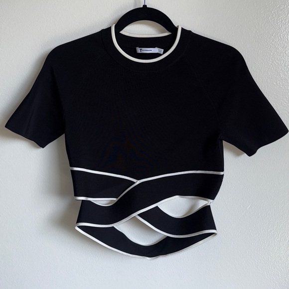 T by Alexander Wang Crisscross Knit Crop Top, Black White, Large, Criss Cross - Picture 8 of 12